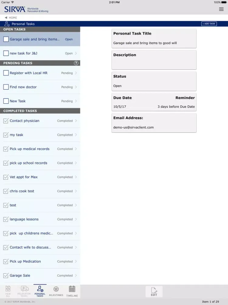 Tangkapan layar SIRVA Connect iPad 