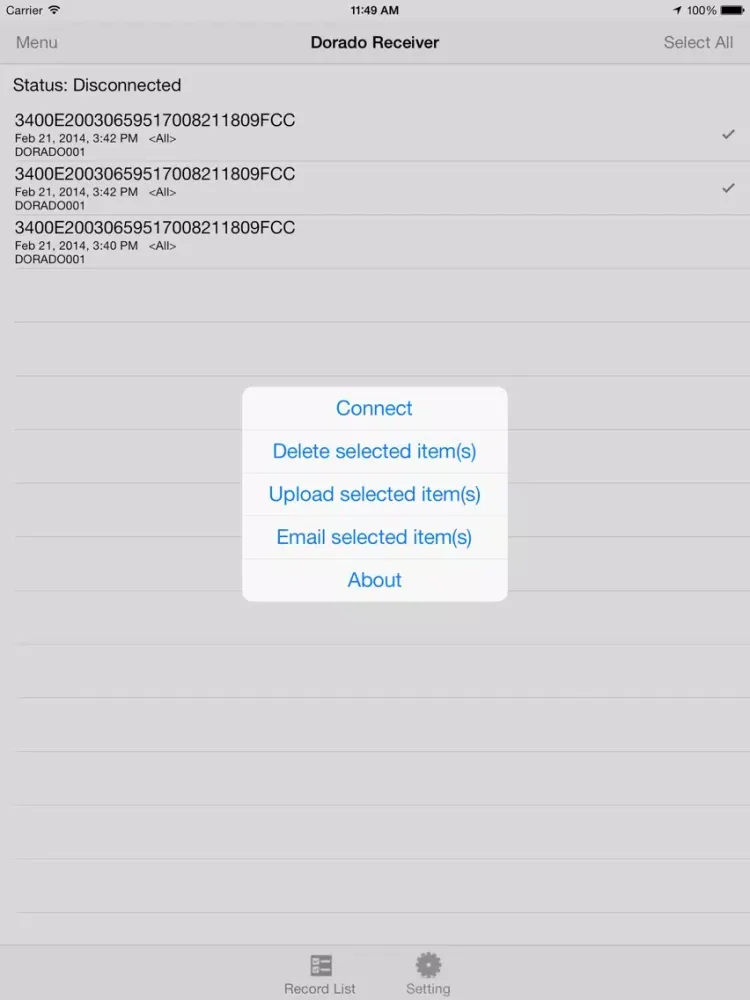 Ảnh chụp màn hình của SSI Dorado/Platino BLE iPad 