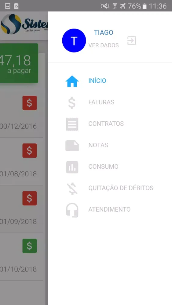 Capturas de tela do Sistem Telecom
