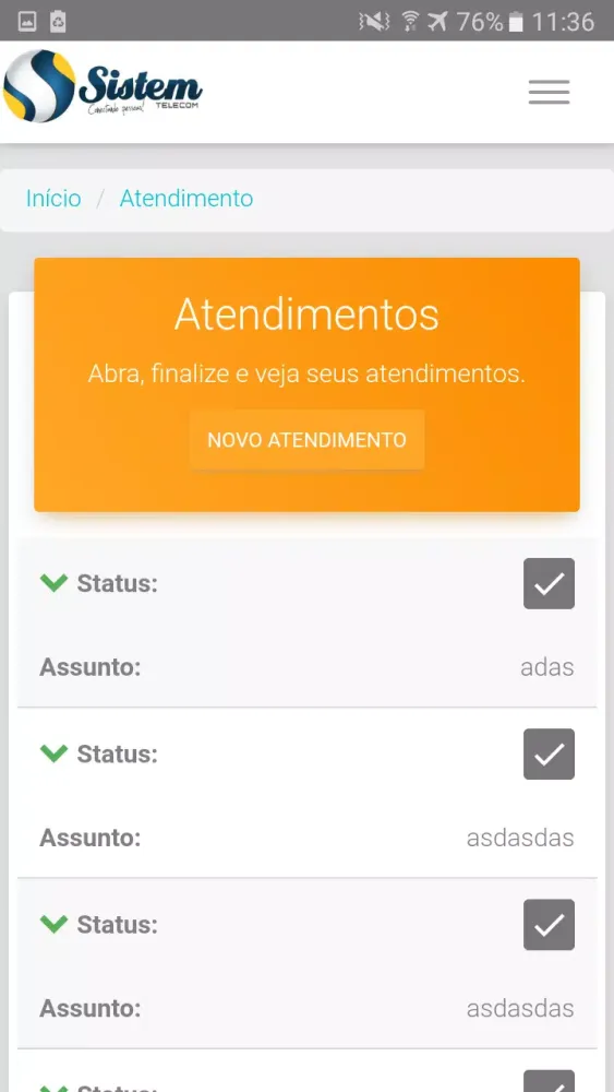 Capturas de tela do Sistem Telecom