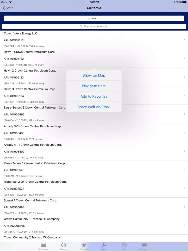 Ảnh chụp màn hình của WellSite Navigator USA UL iPad 