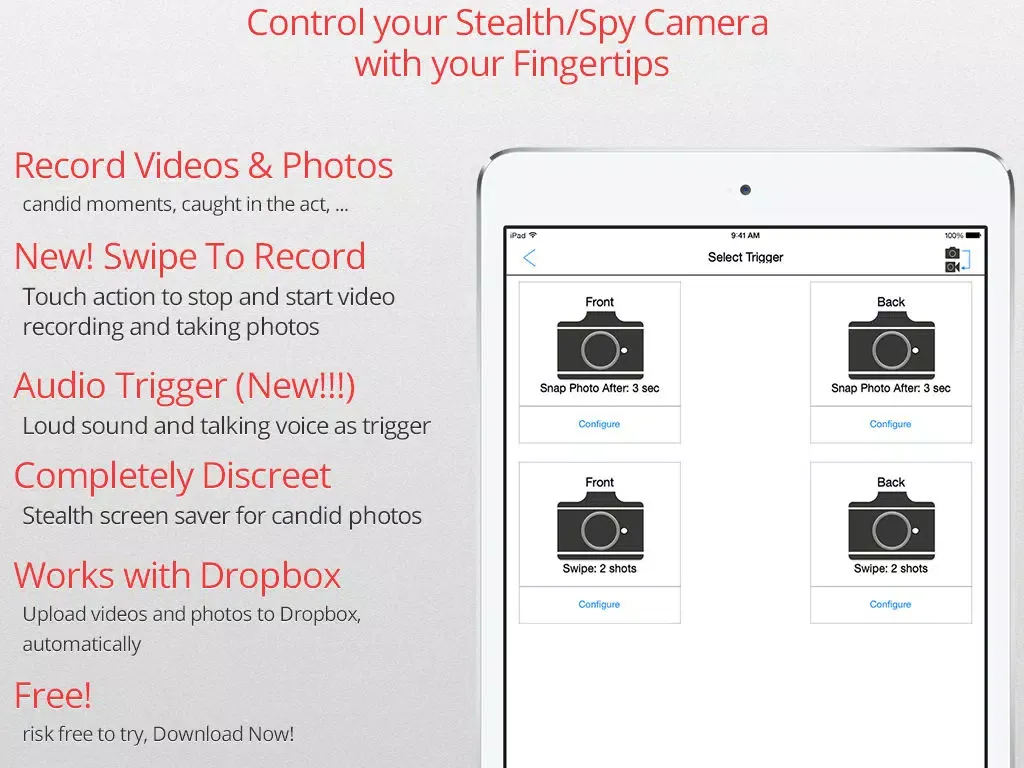 FingerCam Swipe based Spy Camera for capturing stealth candid moments iPad  Screenshots