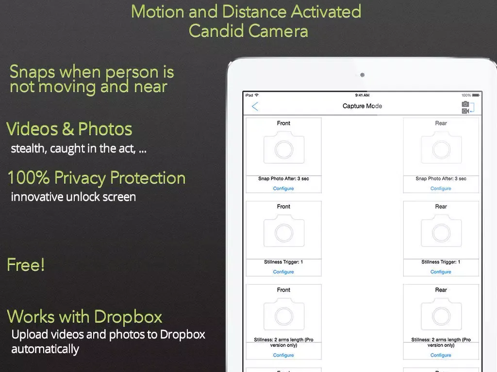Motion CandidCam+ Lock.down to keep Secret Photo & Video safe using Secure Album Vault with self destruct protect.ion iPad  Screenshots