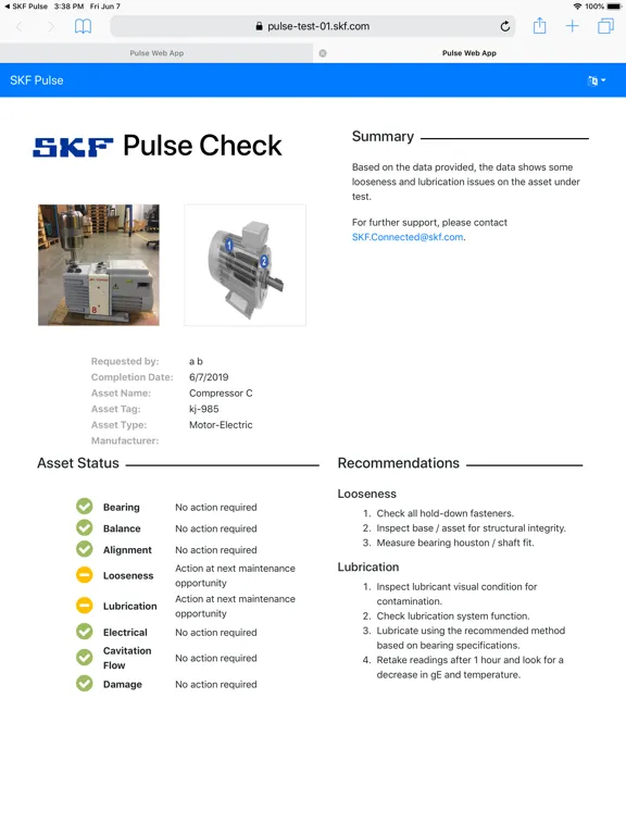 Capturas de tela do SKF Pulse iPad 