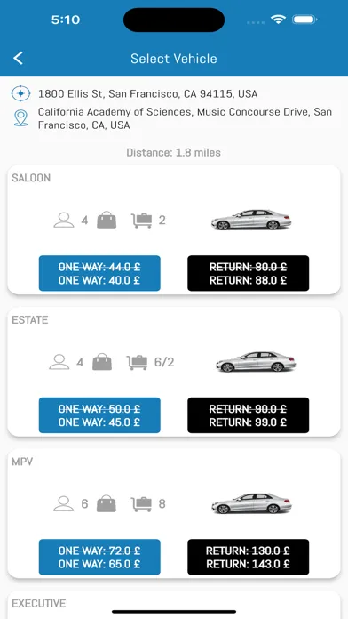 Ảnh chụp màn hình của Skyways Cars Customer Booking