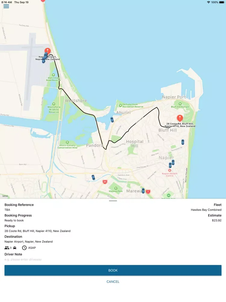 Tangkapan skrin Hawkes Bay Combined Taxis iPad 