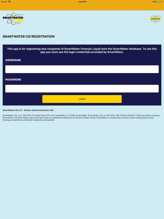 Tangkapan layar SmartWater Registration iPad 