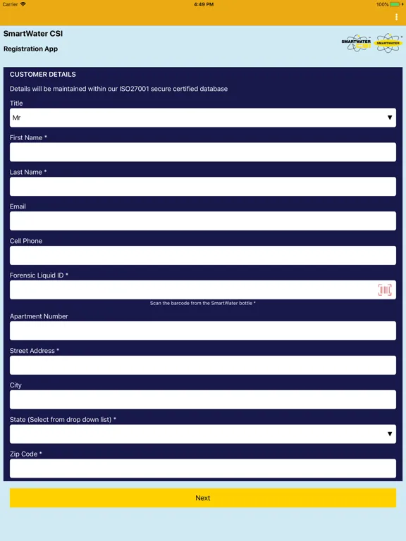 Tangkapan layar SmartWater Registration iPad 