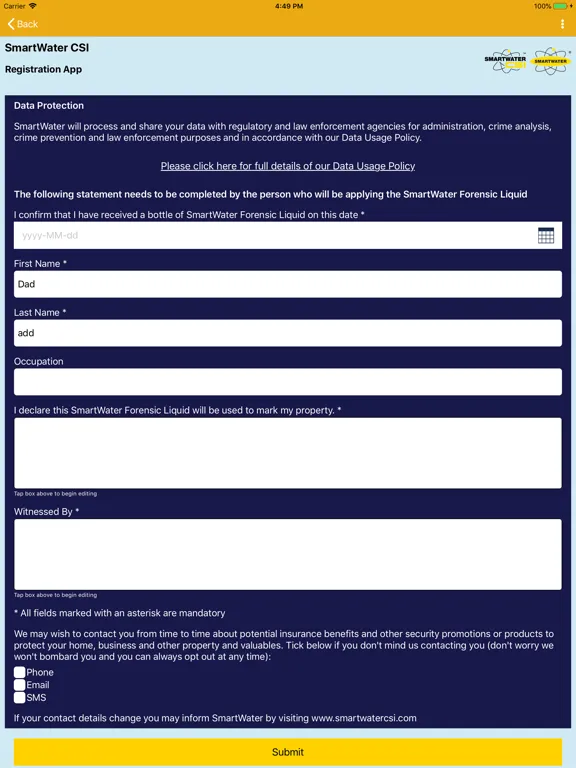 Tangkapan layar SmartWater Registration iPad 