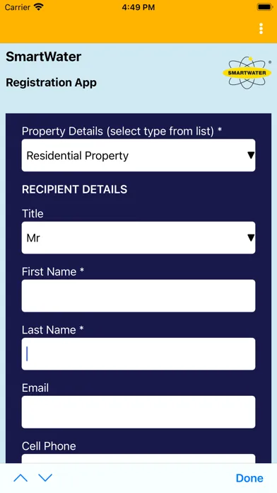 Tangkapan layar SmartWater Registration