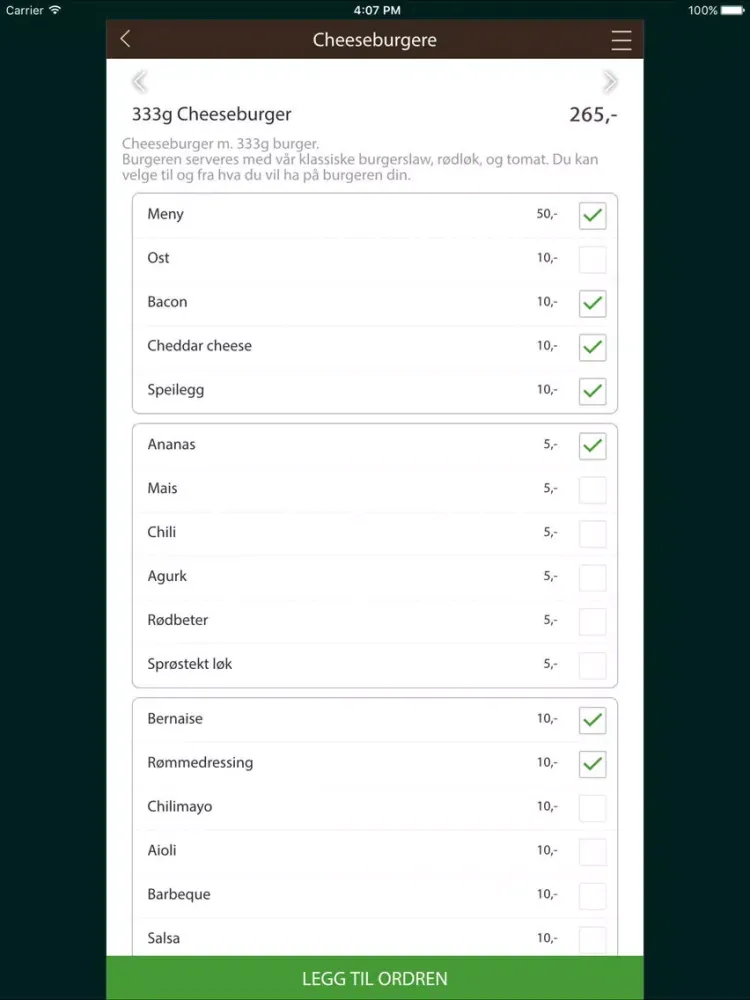 Tangkapan layar Hemsedal Burger iPad