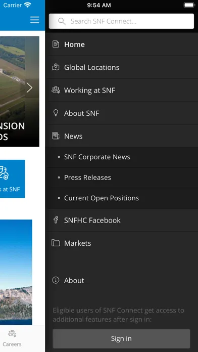 Capturas de tela do SNF Connect App