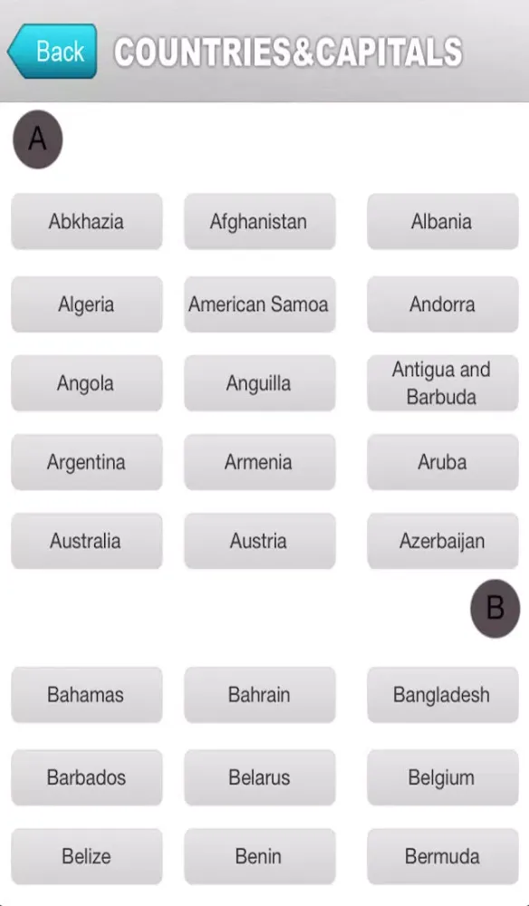 Ảnh chụp màn hình của Countries and Capitals