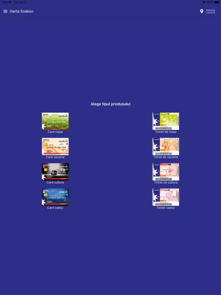 Ảnh chụp màn hình của Card Sodexo Romania iPad 