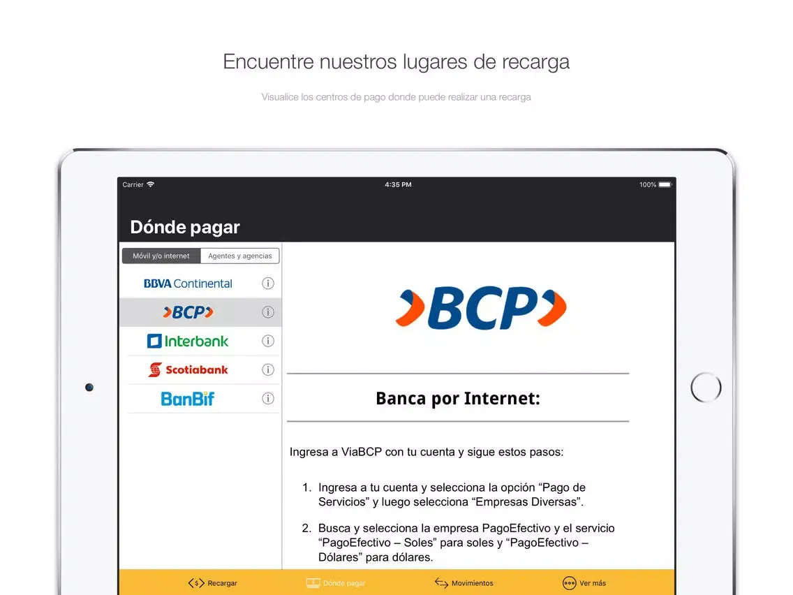 ภาพหน้าจอของ PagoEfectivo iPad 
