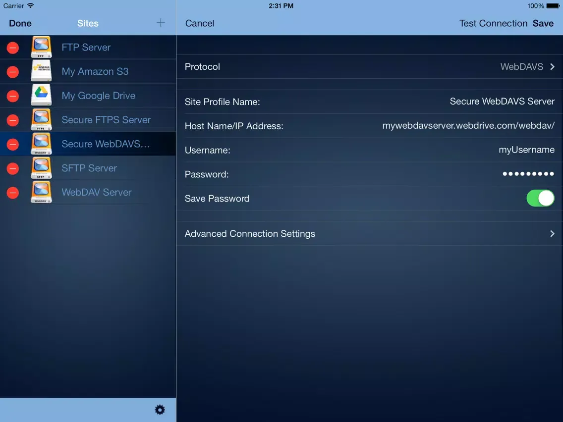 WebDrive – WebDAV, SFTP, FTP Secure File Transfer Client iPad  स्क्रीनशॉट