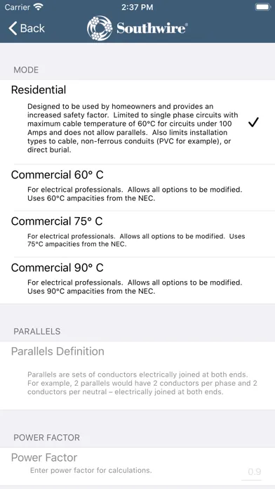Captures d'écran de Southwire® Voltage Drop Calc