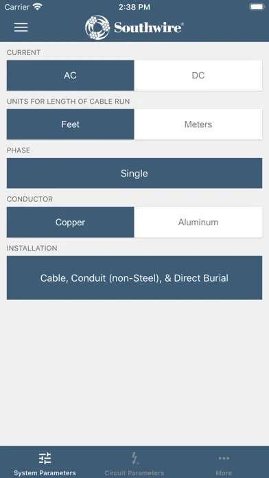 Captures d'écran de Southwire® Voltage Drop Calc
