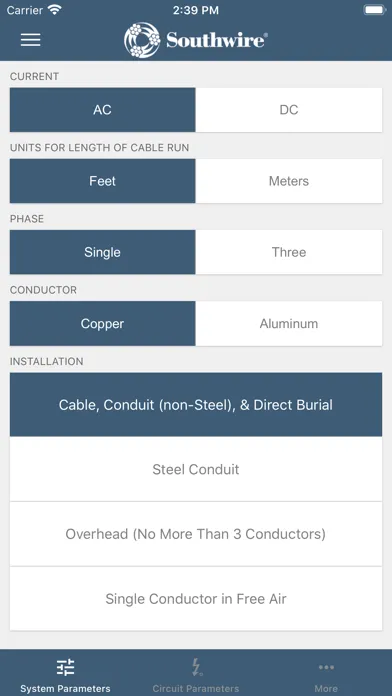 Captures d'écran de Southwire® Voltage Drop Calc