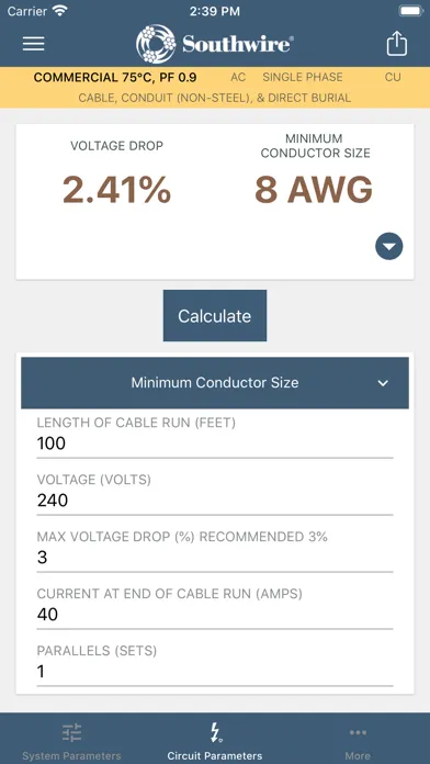 Captures d'écran de Southwire® Voltage Drop Calc