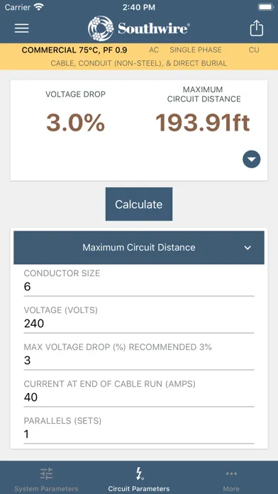 Captures d'écran de Southwire® Voltage Drop Calc
