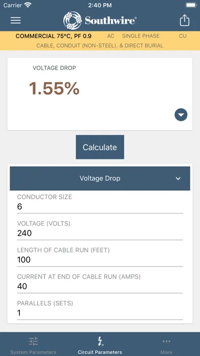 Captures d'écran de Southwire® Voltage Drop Calc