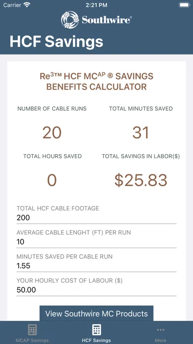 Zrzuty ekranu Southwire® MCAP® Savings Calc
