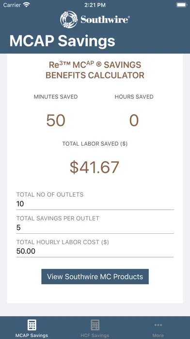 Zrzuty ekranu Southwire® MCAP® Savings Calc