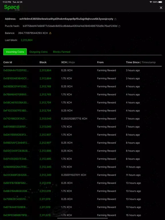 Ảnh chụp màn hình của Space Explorer Chia Blockchain iPad 