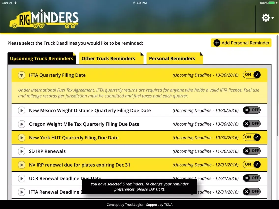 RigMinders - Truck Reminders iPad  スクリーンショット