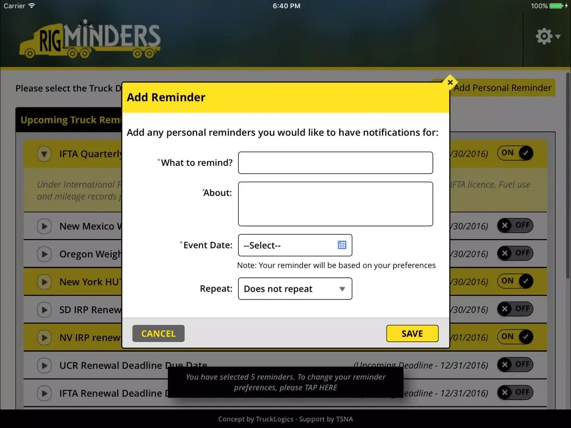RigMinders - Truck Reminders iPad  スクリーンショット