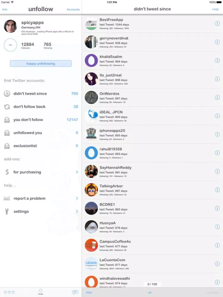 unfollow for Twitter - no ads iPad  سکرین شاٹس