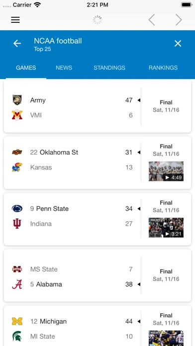 Capturas de tela do College Football Talk Scores