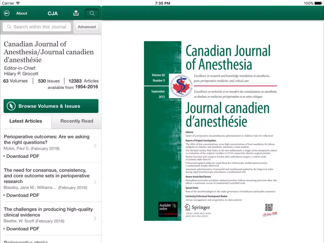 Capturas de pantalla de Canadian Journal of Anesthesia iPad 
