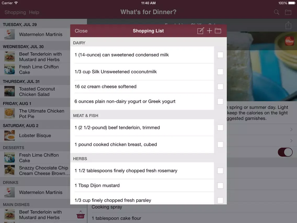 What's for Dinner? Recipe Cookbook and Shopping List iPad  Screenshots