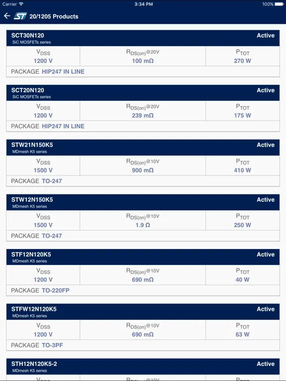 ภาพหน้าจอของ STPOWER MOSFET Finder iPad