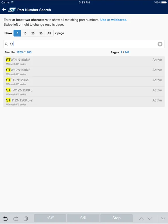 ภาพหน้าจอของ STPOWER MOSFET Finder iPad