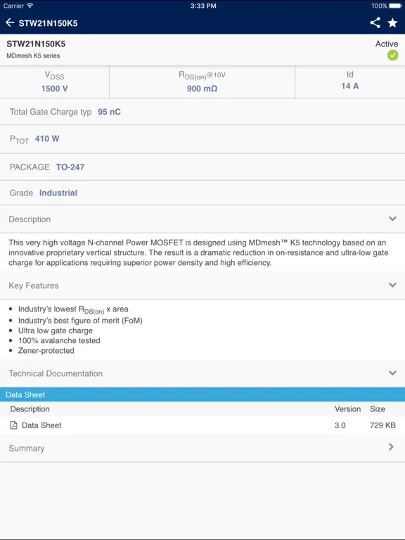 ภาพหน้าจอของ STPOWER MOSFET Finder iPad