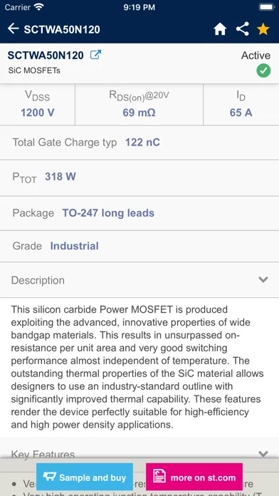 ภาพหน้าจอของ STPOWER MOSFET Finder