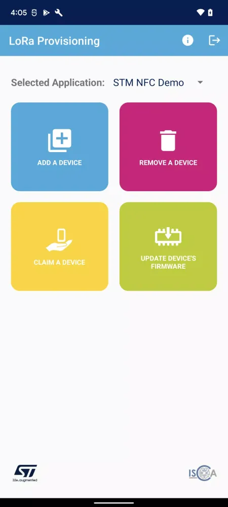 Capturas de tela do ST25 LoRa Provisioning
