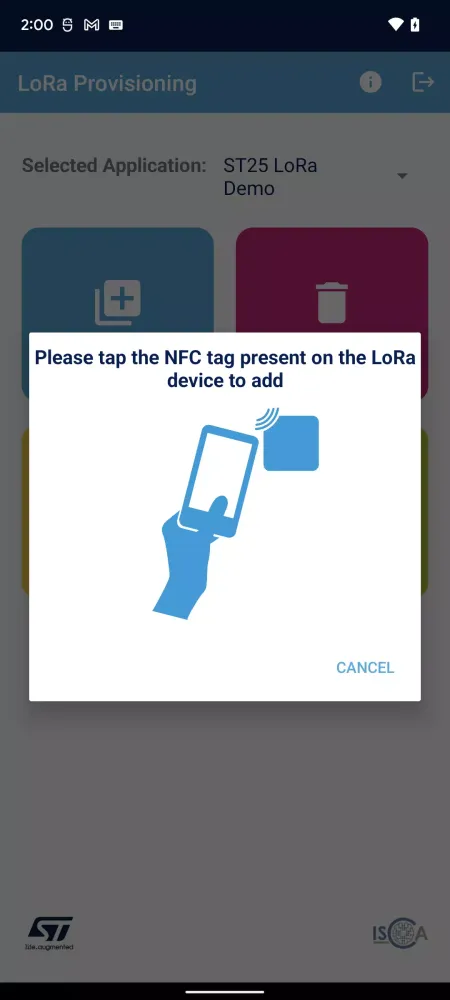 Capturas de tela do ST25 LoRa Provisioning