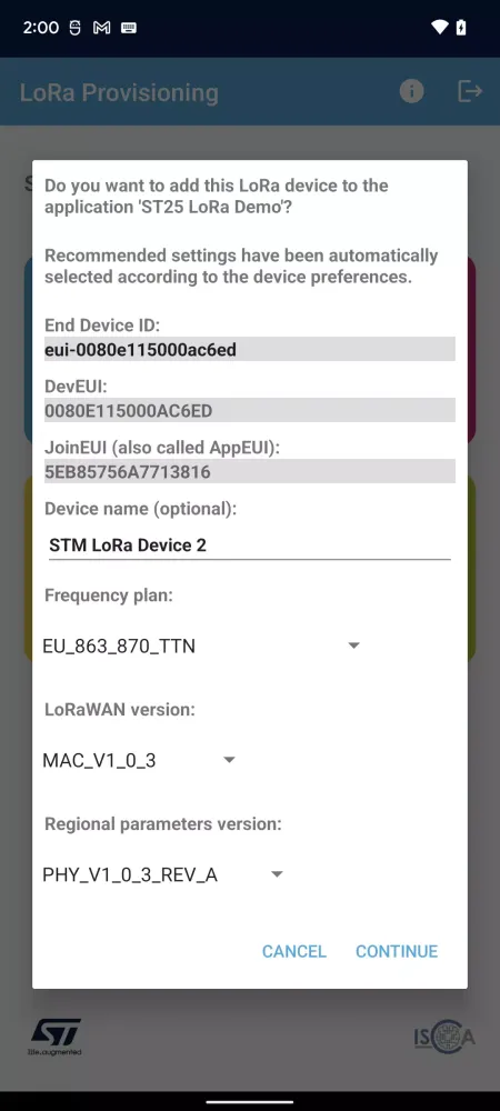Capturas de tela do ST25 LoRa Provisioning