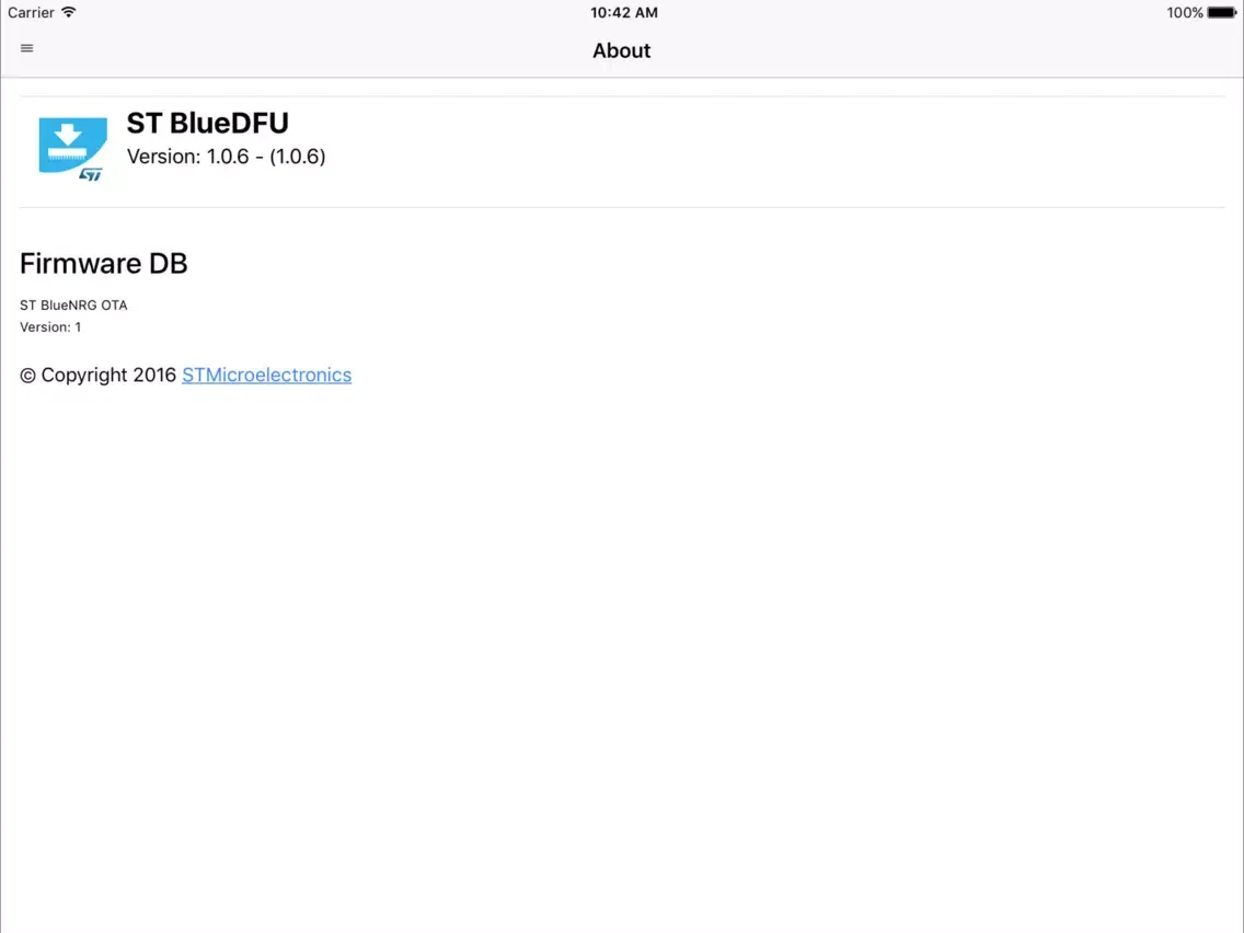 Tangkapan layar ST BlueDFU iPad 