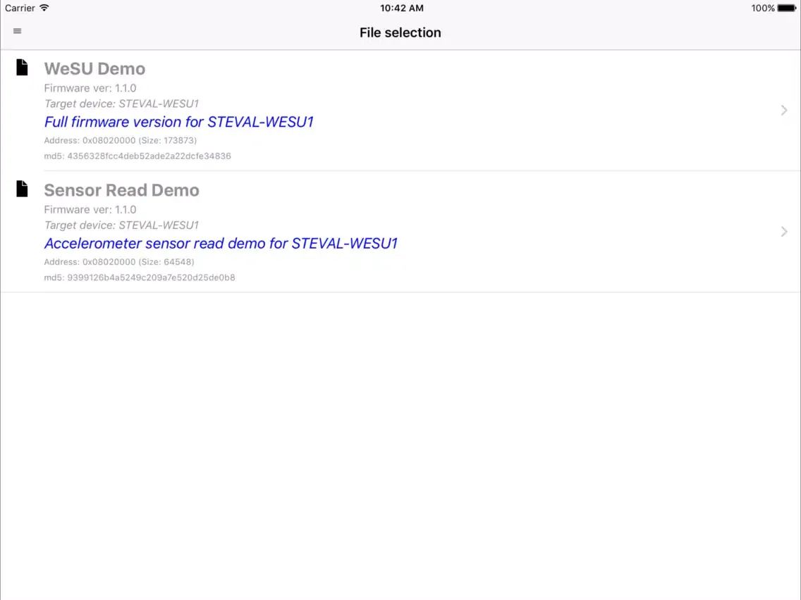 Tangkapan layar ST BlueDFU iPad 
