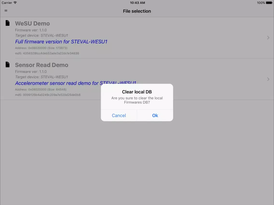 Tangkapan layar ST BlueDFU iPad 