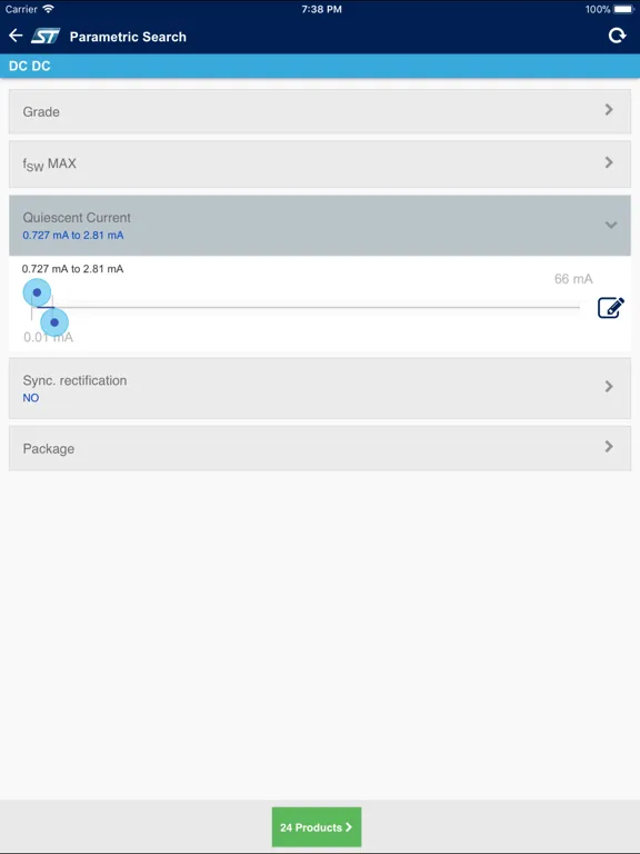 Tangkapan skrin ST Voltage Regulators Finder iPad 