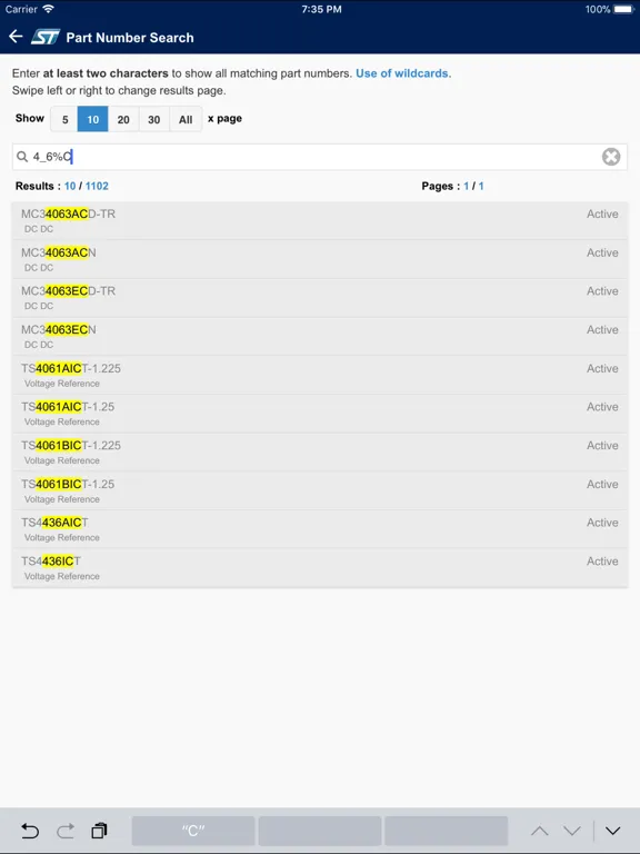 Tangkapan skrin ST Voltage Regulators Finder iPad 