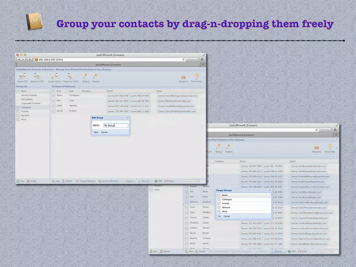 Tangkapan layar jContacts - Import/export/manage your contacts via your computer browser iPad 