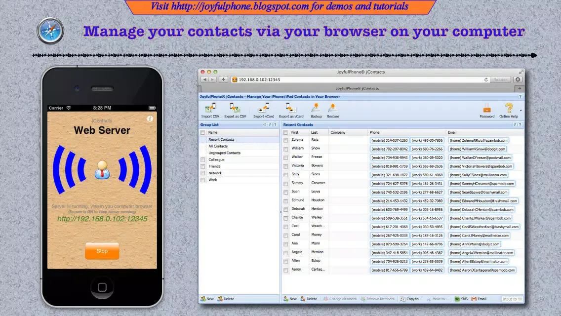 Tangkapan layar jContacts - Import/export/manage your contacts via your computer browser