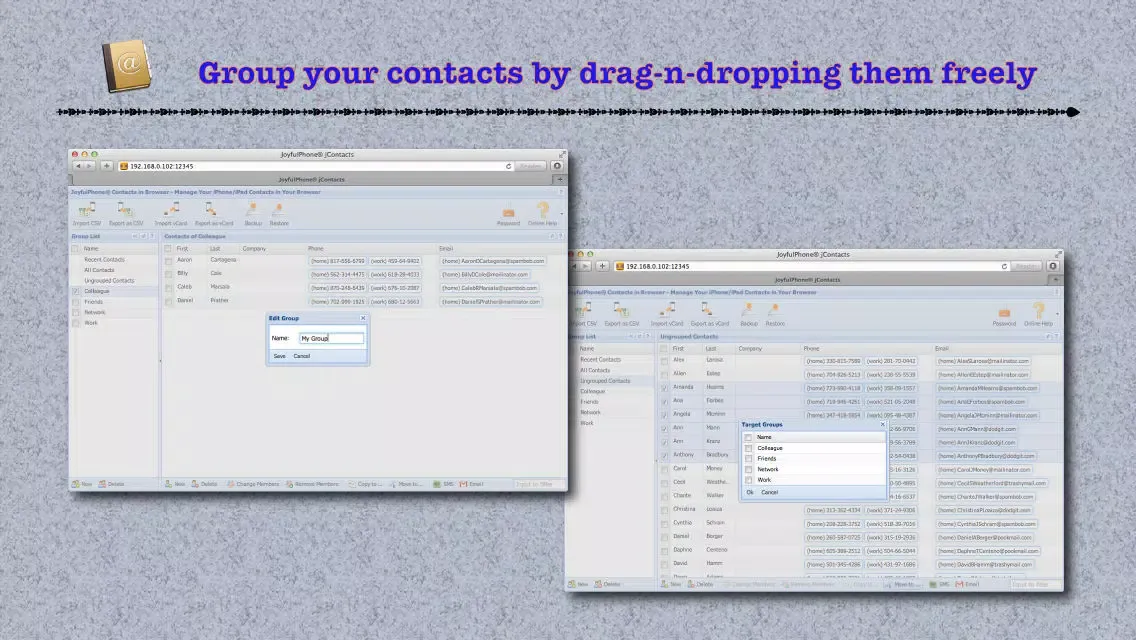 Tangkapan layar jContacts - Import/export/manage your contacts via your computer browser